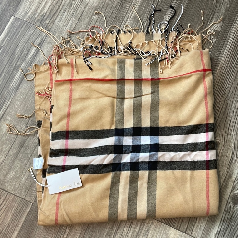 Avenue Zoe large tan plaid scarf.